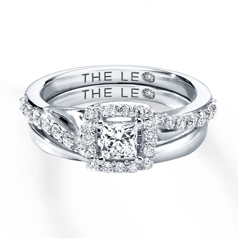 Previously Owned Leo Diamond Bridal Set 7/8 ct tw Princess & Round-cut 14K White Gold