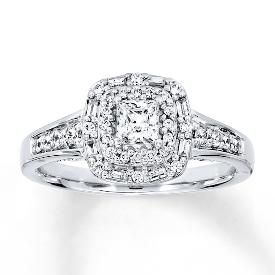 Previously Owned Diamond Engagement Ring 5/8 ct tw Princess, Baguette, & Round-cut 14K White Gold