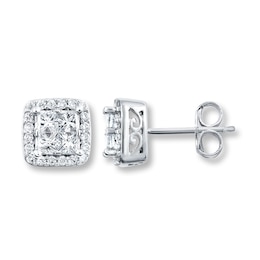 Previously Owned Diamond Stud Earrings 3/4 ct tw Princess/Round-cut 14K White Gold