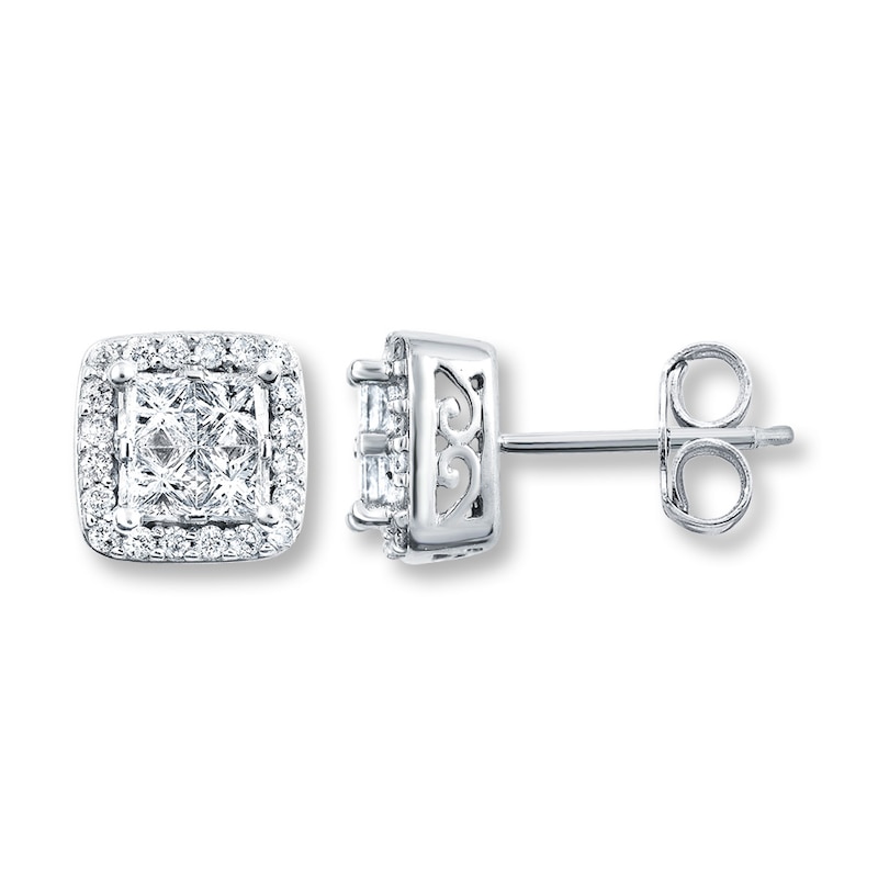 Main Image 1 of Previously Owned Diamond Stud Earrings 3/4 ct tw Princess/Round-cut 14K White Gold