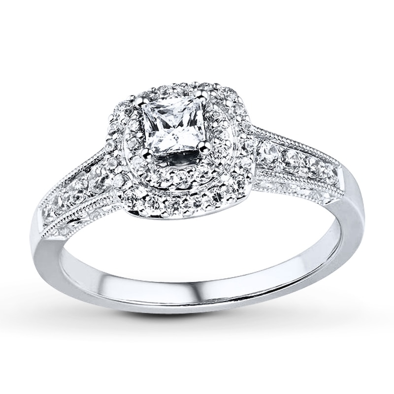 Main Image 1 of Previously Owned Engagement Ring 5/8 ct tw Princess & Round-cut Diamonds 14K White Gold - Size 4.5