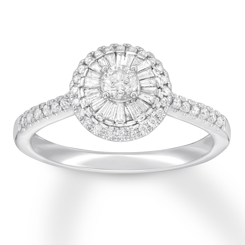 Main Image 1 of Previously Owned Diamond Engagement Ring 1/2 ct tw Round & Baguette 14K White Gold - Size 9.75