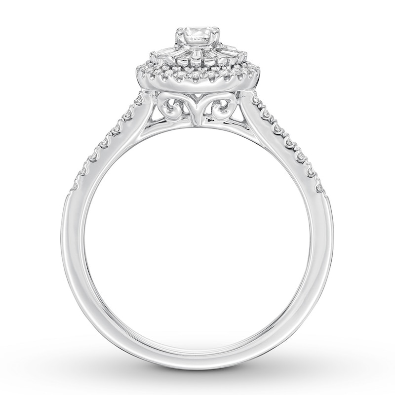 Main Image 2 of Previously Owned Diamond Engagement Ring 1/2 ct tw Round & Baguette 14K White Gold - Size 9.75