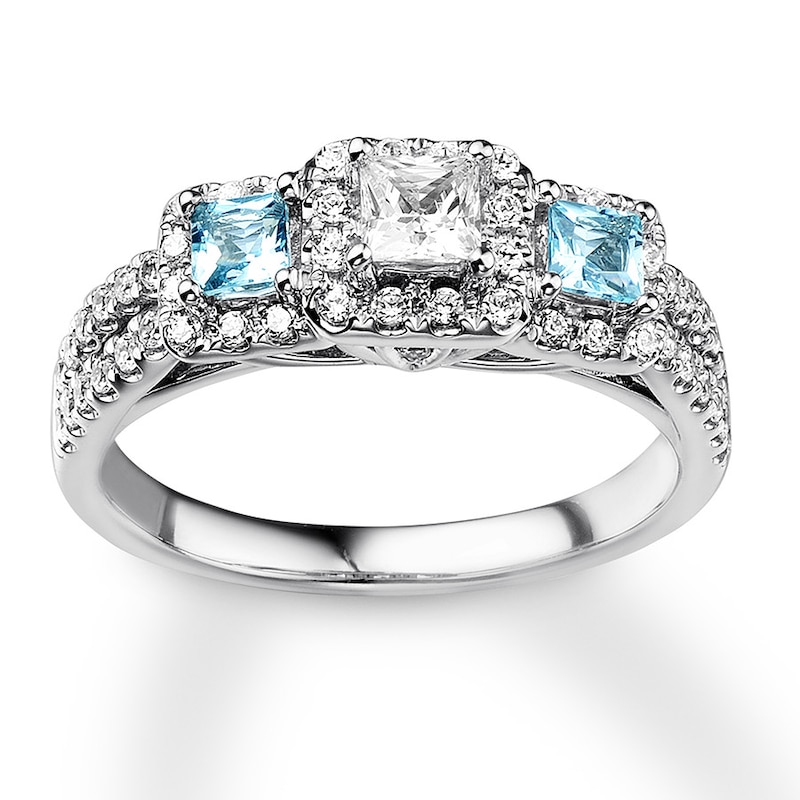 Main Image 4 of Previously Owned Aquamarine Engagement Ring 5/8 ct tw Princess & Round-cut Diamonds 14K White Gold