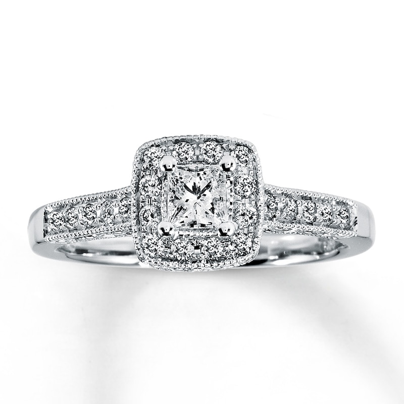 Main Image 1 of Previously Owned Engagement Ring 1/2 ct tw Princess & Round-cut Diamonds 14K White Gold - Size 10.25