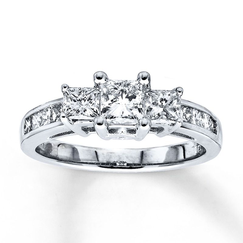 Main Image 1 of Previously Owned 3-Stone Diamond Engagement Ring 1-1/2 ct tw Princess-cut 14K White Gold - Size 5.25