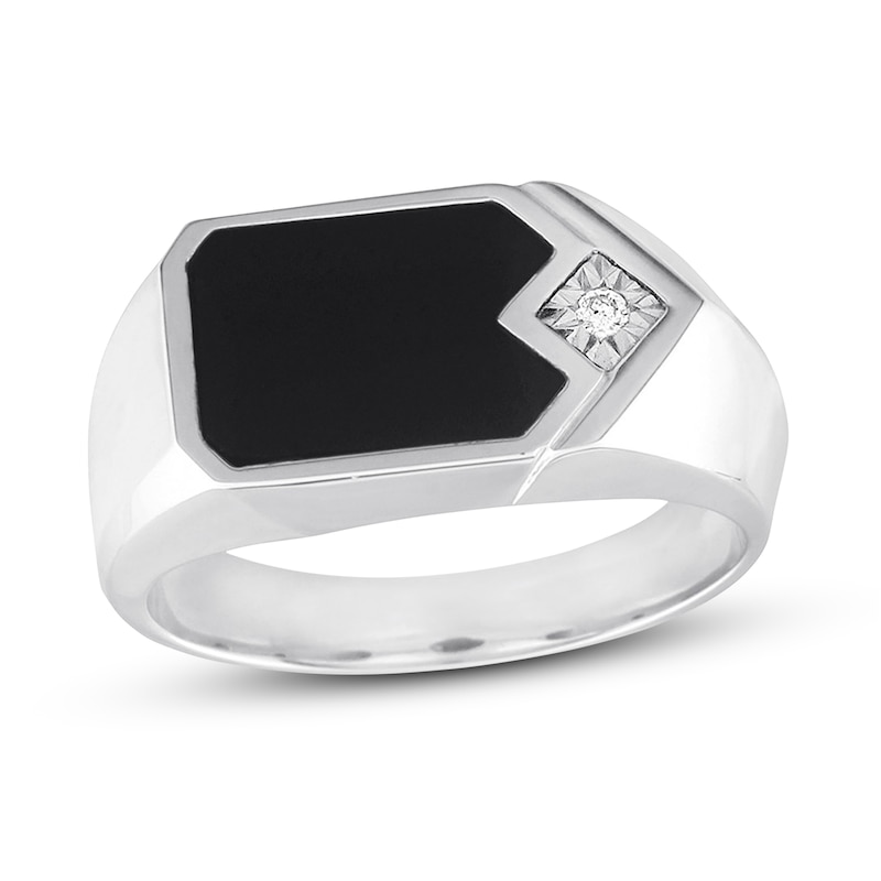 Main Image 1 of Previously Owned Men's Black Onyx Ring Diamond Accent 10K White Gold