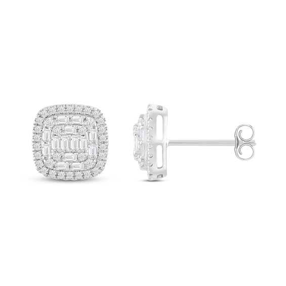 Previously Owned Cushion-Shaped Diamond Stud Earrings 1/2 ct tw Baguette/Round-Cut 10K White Gold