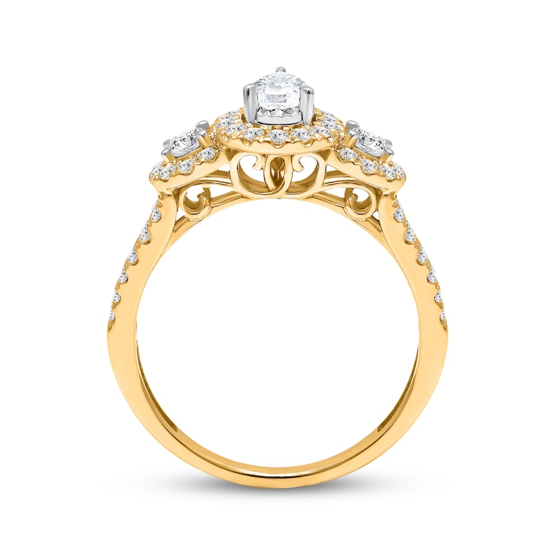 Main Image 2 of Memories Moments Magic Pear-Shaped Diamond Three-Stone Engagement Ring 1 ct tw 14K Yellow Gold