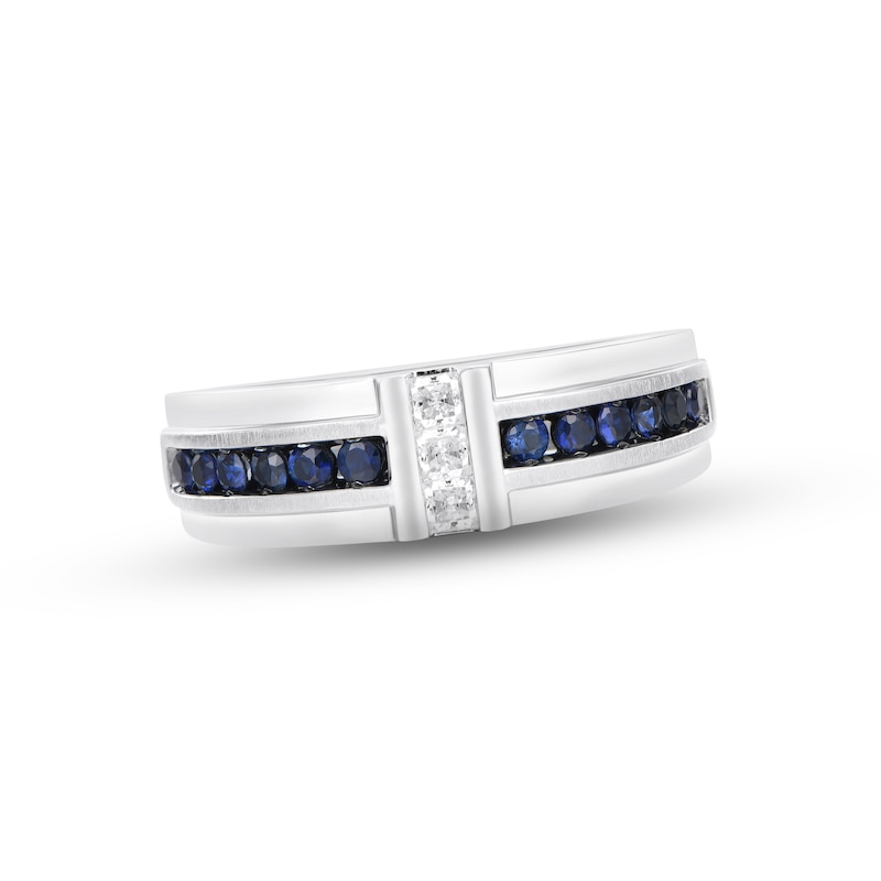 Main Image 1 of Previously Owned Men's Diamond & Sapphire Wedding Band 1/5 ct tw Square-cut 10K White Gold