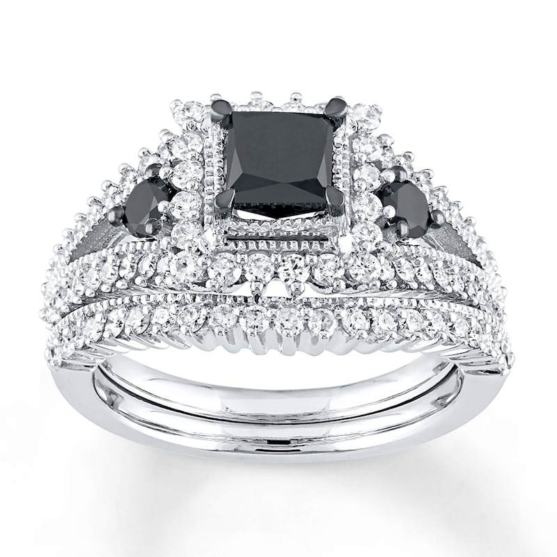 Previously Owned Princess-Cut Black & White Diamond Bridal Set 1-7/8 ct ...