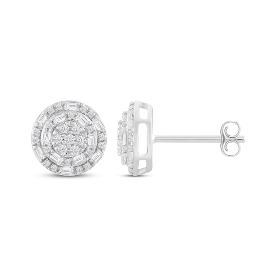 Previously Owned Diamond Halo Stud Earrings 1/2 ct tw Baguette & Round-Cut 10K White Gold