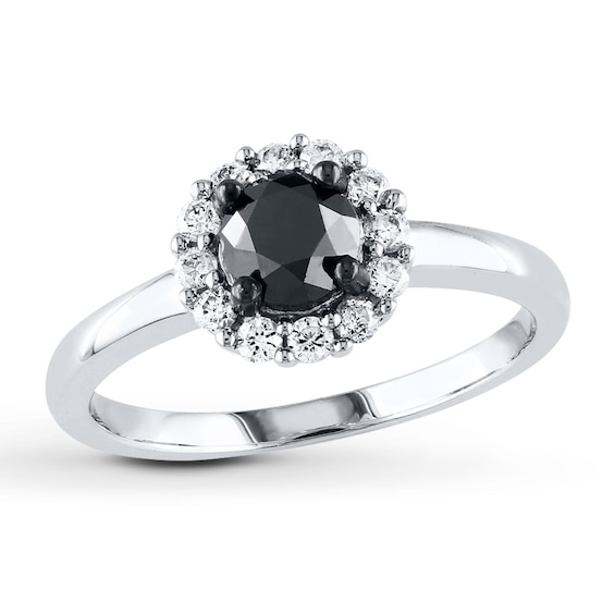 Previously Owned Round-Cut Black & White Diamond Halo Engagement Ring 1 ct tw 10K White Gold