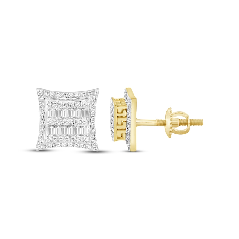 Previously Owned Men's Baguette & Round-Cut Multi-Diamond Greek Key Accent Stud Earrings 1/2 ct tw 10K Yellow Gold