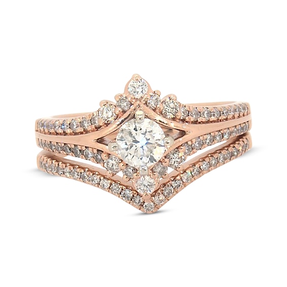 Previously Owned Round-Cut Diamond Chevron Soldered Bridal Set 1 ct tw 14K Rose Gold Size 8.25