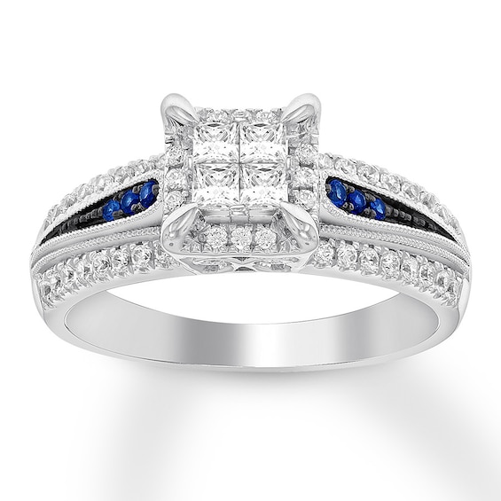 Previously Owned Diamond & Sapphire Engagement Ring 5/8 ct tw Princess & Round-cut 14K White Gold