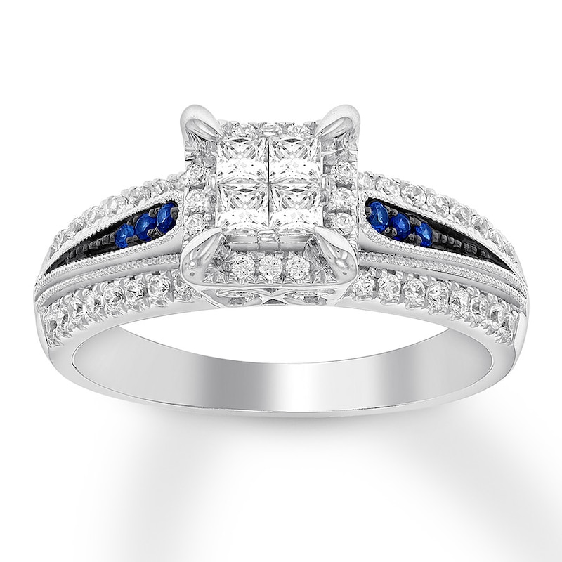 Main Image 1 of Previously Owned Diamond & Sapphire Engagement Ring 5/8 ct tw Princess & Round-cut 14K White Gold