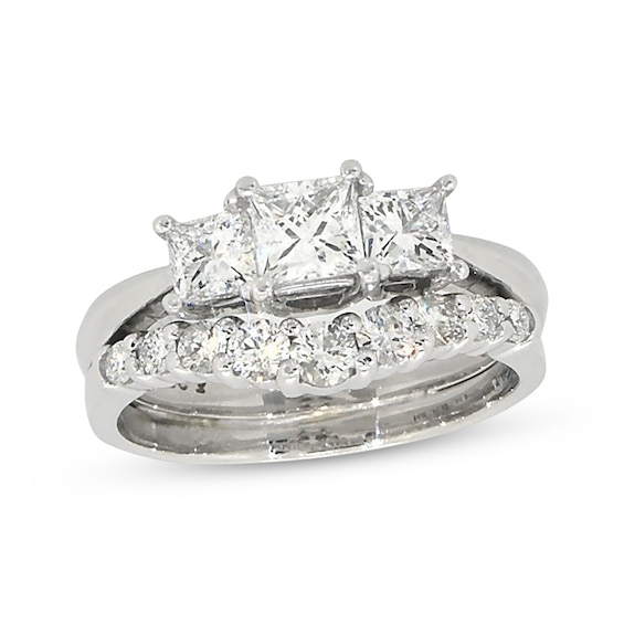 Previously Owned Princess-Cut Three-Stone Diamond Bridal Set 1-3/8 ct tw 14K White Gold Size 6