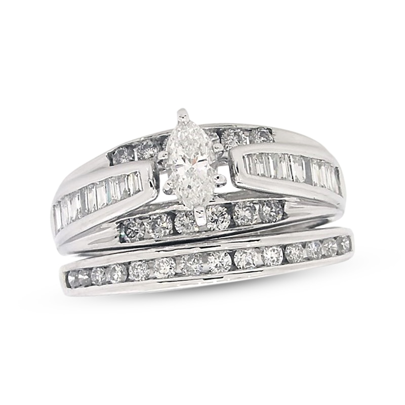 Main Image 1 of Previously Owned Diamond Bridal Set 1-1/4 ct tw Marquise, Baguette & Round-Cut 14K White Gold Size 7