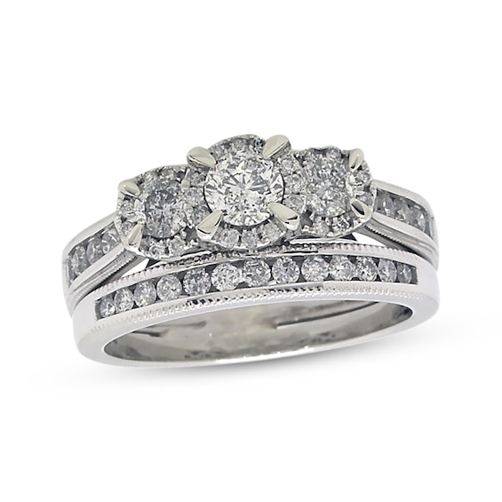 Previously Owned Three-Stone Diamond Bridal Set 1-1/8 ct tw Round-Cut 10K White Gold