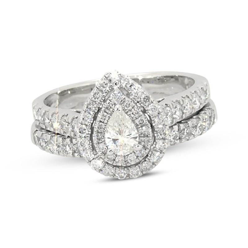 Main Image 1 of Previously Owned Pear-Shaped Diamond Double Halo Bridal Set 1-1/2 ct tw 14K White Gold Size 5.25