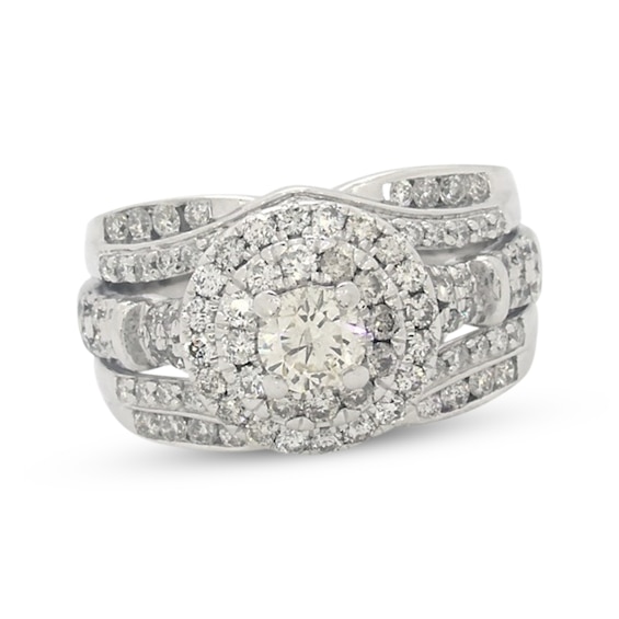 Previously Owned Round-Cut Diamond Double Halo Bridal Set 1-1/8 ct tw 14K & 10K White Gold Size 4.75