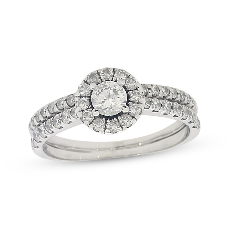 Main Image 1 of Previously Owned Round-Cut Diamond Halo Bridal Set 7/8 ct tw 14K White Gold Size 6.75