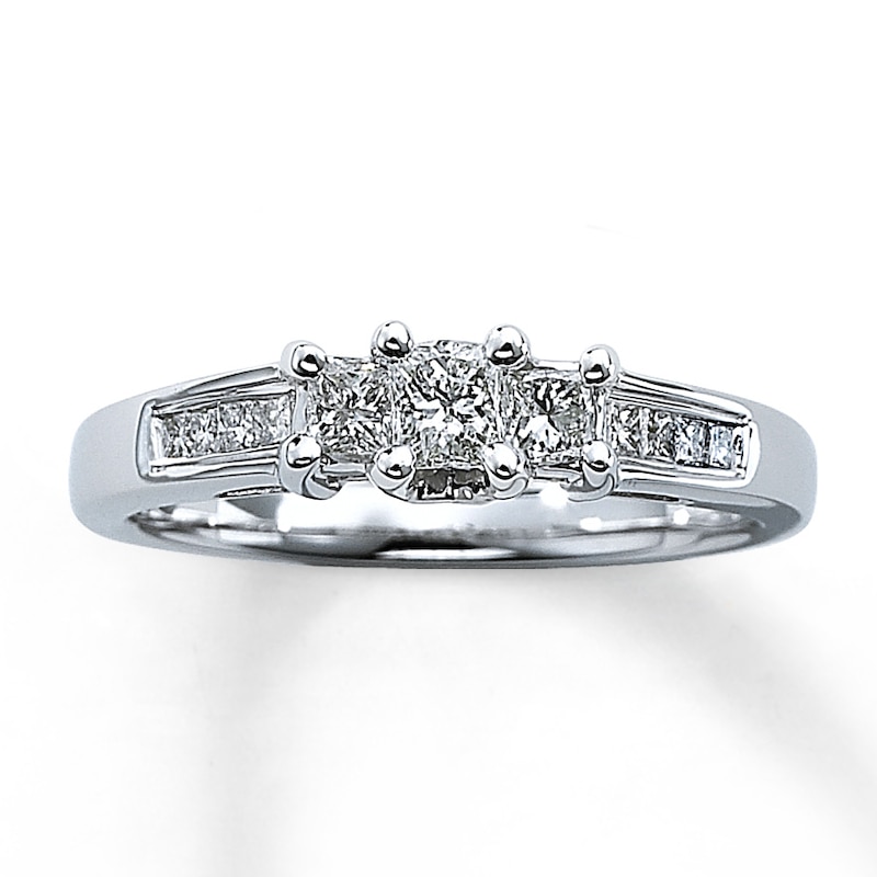 Main Image 1 of Previously Owned Three-Stone Diamond Ring 1/2 ct tw Princess-Cut 14K White Gold