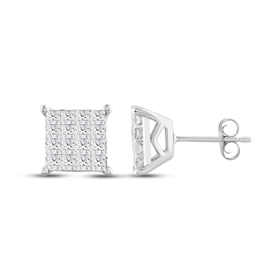 Previously Owned Multi-Diamond Square Stud Earrings 1 ct tw Princess-cut 10K White Gold