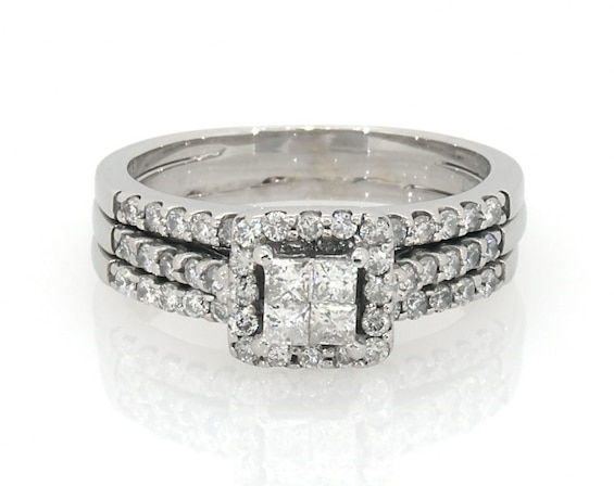 Previously Owned Princess-Cut Quad Diamond Bridal Set 7/8 ct tw 14K White Gold Size 6.5