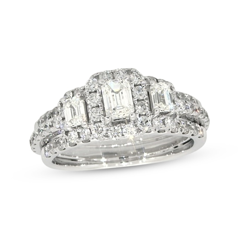 Main Image 1 of Previously Owned Emerald-Cut Diamond Three-Stone Bridal Set 1-1/2 ct tw 14K White Gold Size 5.5