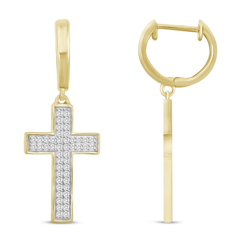 Previously Owned Men's Diamond Cross Hoop Dangle Earrings 1/4 ct tw Round-cut 10K Yellow Gold