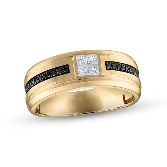 Previously Owned Men's White & Black Diamond Wedding Band 1/3 ct tw Square & Round-cut 10K Yellow Gold