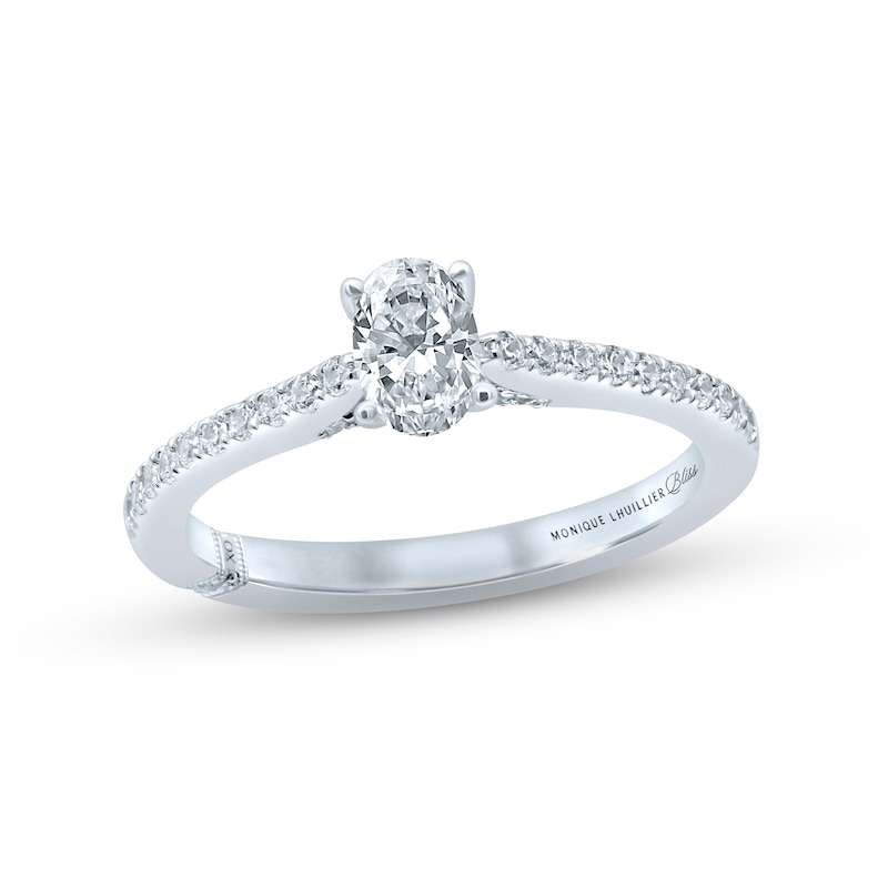 Main Image 1 of Previously Owned Monique Lhuillier Bliss Diamond Engagement Ring 5/8 ct tw Oval & Round-Cut 18K White Gold