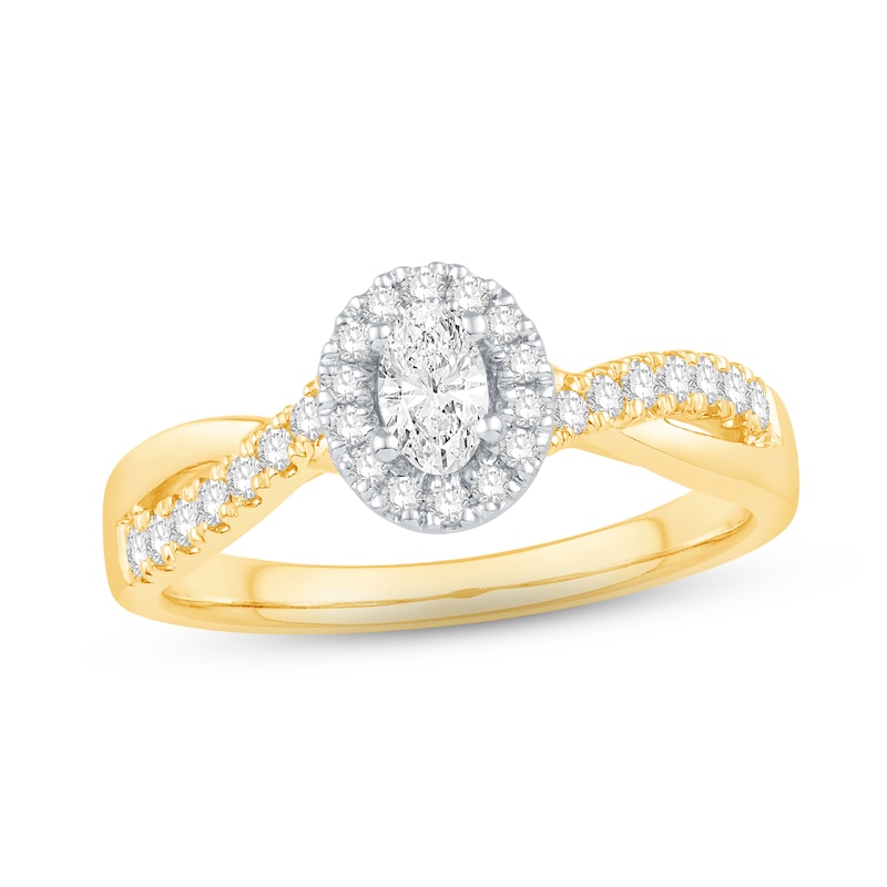 Main Image 1 of Previously Owned Diamond Halo Engagement Ring 1/2 ct tw Oval & Round-cut 14K Yellow Gold