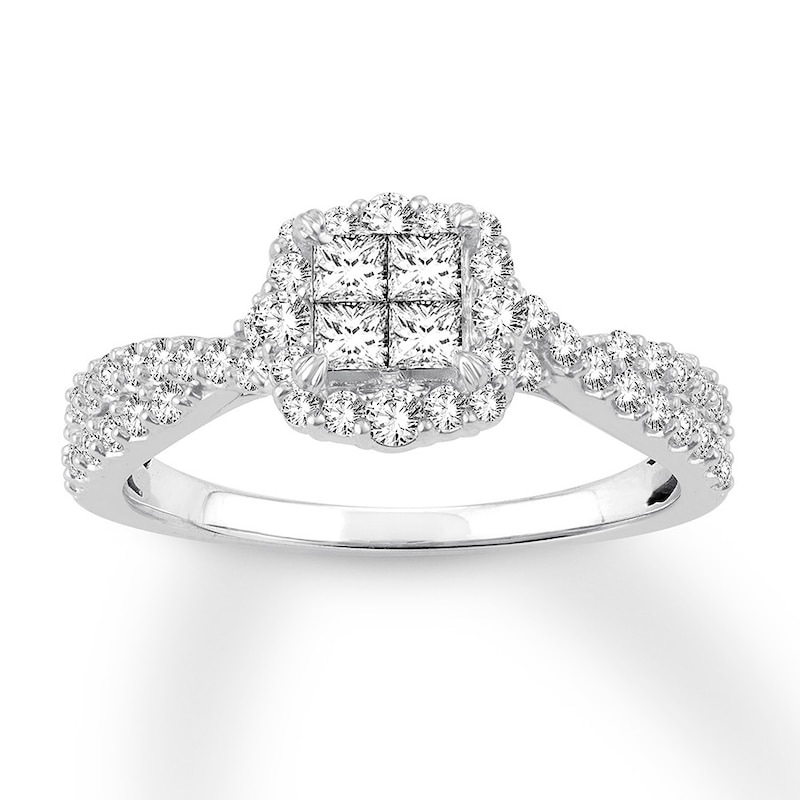 Main Image 1 of Previously Owned Diamond Engagement Ring 3/4 ct tw Princess/Round 14K White Gold