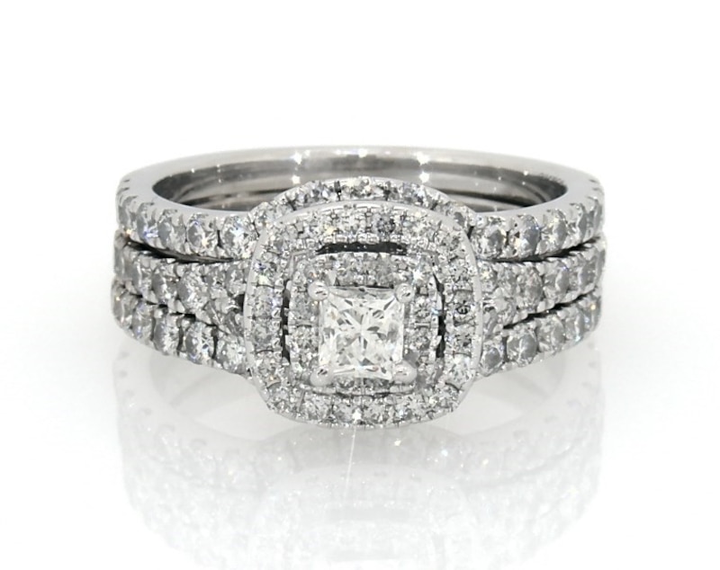 Main Image 1 of Previously Owned Neil Lane Princess-Cut Diamond Double Halo Bridal Set 1-3/4 ct tw 14K White Gold Size 6.5