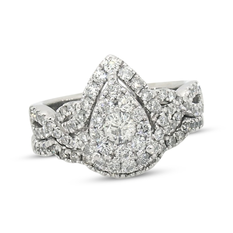 Main Image 1 of Previously Owned Multi-Diamond Pear Frame Halo Diamond Bridal Set 1-1/4 ct tw 14K White Gold Size 7