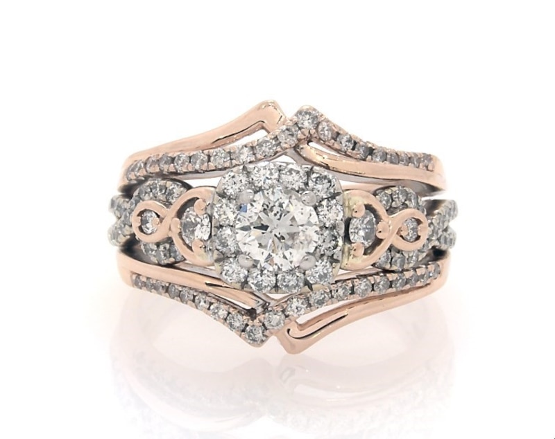 Main Image 1 of Previously Owned Round-Cut Diamond Halo Bridal Set 1-1/5 ct tw 14K Two-Tone Gold Size 7