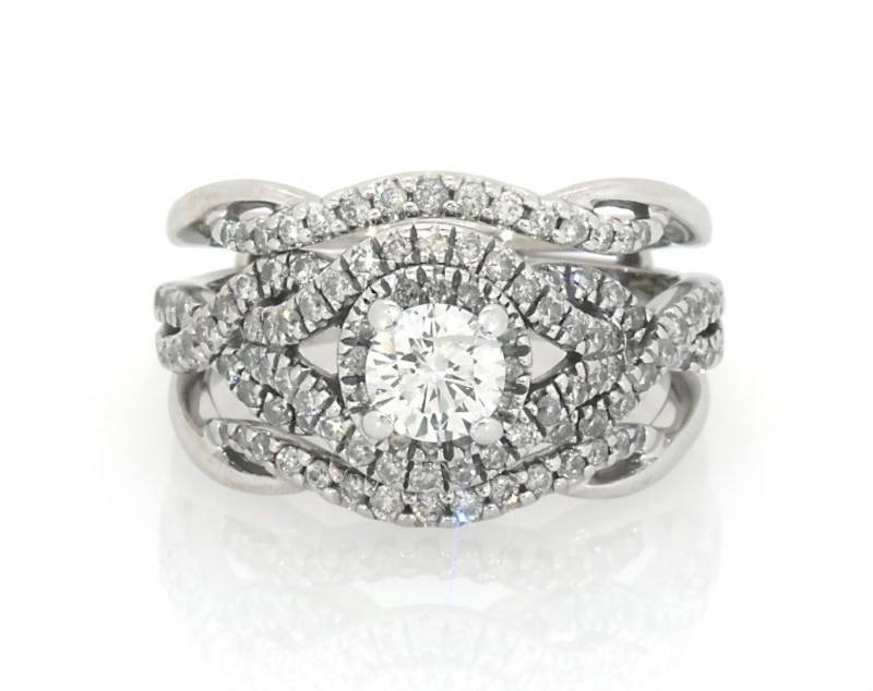 Main Image 1 of Previously Owned Round-Cut Diamond Halo Bridal Set 1-1/8 ct tw 14K White Gold Size 6.75