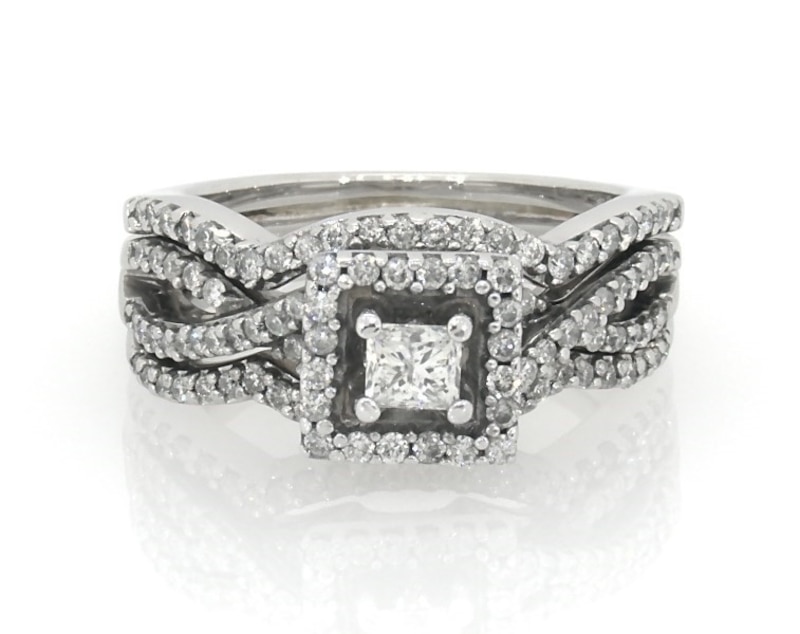 Main Image 1 of Previously Owned Princess-Cut Diamond Square Frame Bridal Set 3/4 ct tw 14K White Gold Size 5