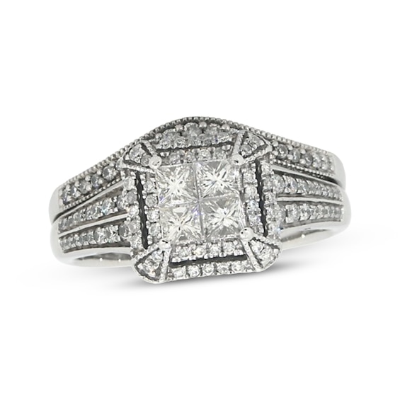 Previously Owned Princess-Cut Quad Diamond Bridal Set 1-1/5 ct tw 14K & 10K White Gold Size 9.25