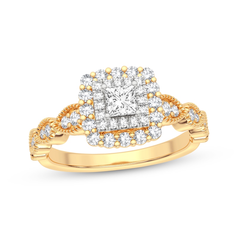 Previously Owned Vintage-Style Princess & Round-Cut Diamond Engagement Ring 1/2 ct tw 10K Yellow Gold