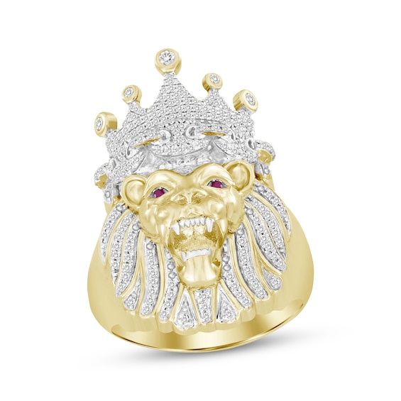 Previously Owned Men's Diamond & Lab-Created Ruby Lion Ring 1/2 ct tw Round-cut 10K Yellow Gold