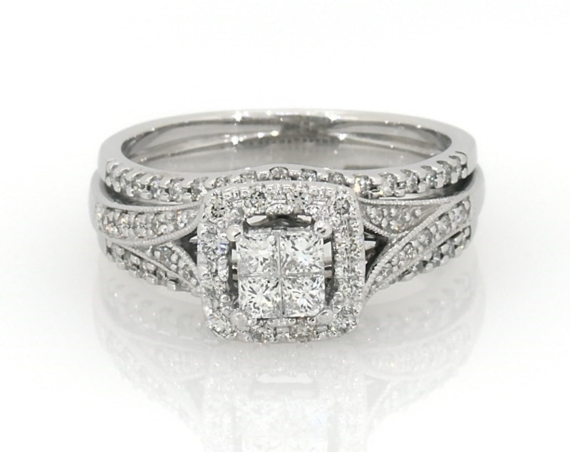 Main Image 1 of Previously Owned Princess-Cut Diamond Quad Halo Bridal Set 3/4 ct tw 14K White Gold Size 7.5