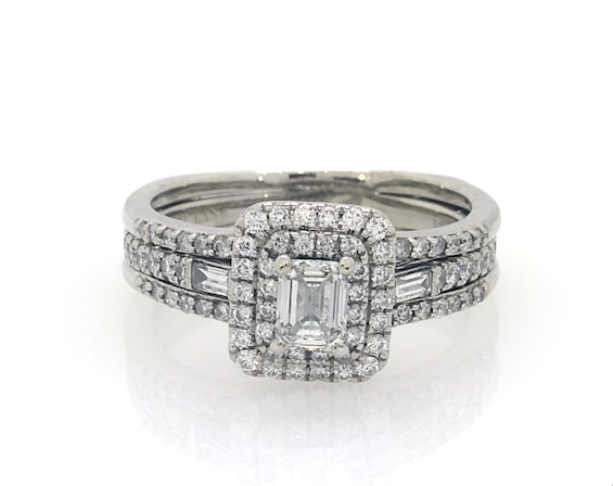 Previously Owned Emerald-Cut Diamond Double Halo Bridal Set 1-3/8 ct tw 14K White Gold Size 8
