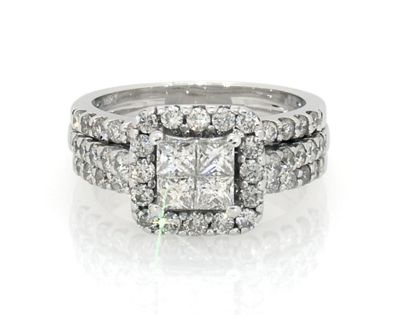 Main Image 1 of Previously Owned Princess-Cut Diamond Quad Cushion Halo Bridal Set 1-3/8 ct tw 14K White Gold Size 5.25