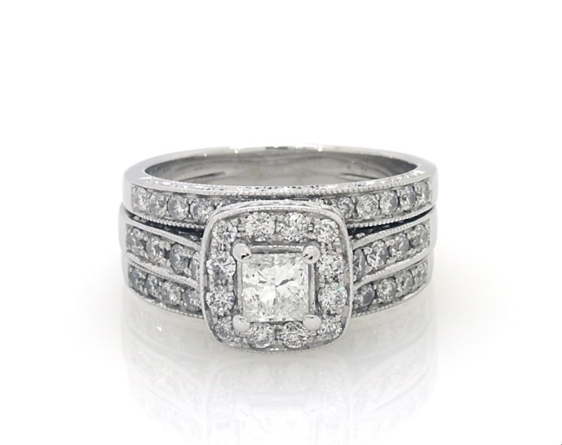 Previously Owned Princess-Cut Diamond Halo Bridal Set 1-3/8 ct tw 14K ...