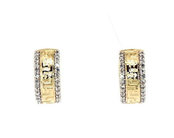 Previously Owned Men’s Round-Cut Diamond Greek Key Huggie Hoop Earrings 1/5 ct tw 10K Yellow Gold