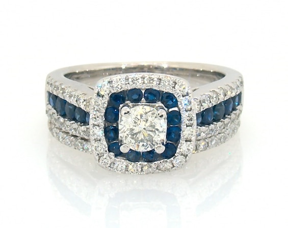 Previously Owned Round-Cut Diamond & Blue Sapphire Halo Bridal Set 1 ct tw 14K White Gold Size 6